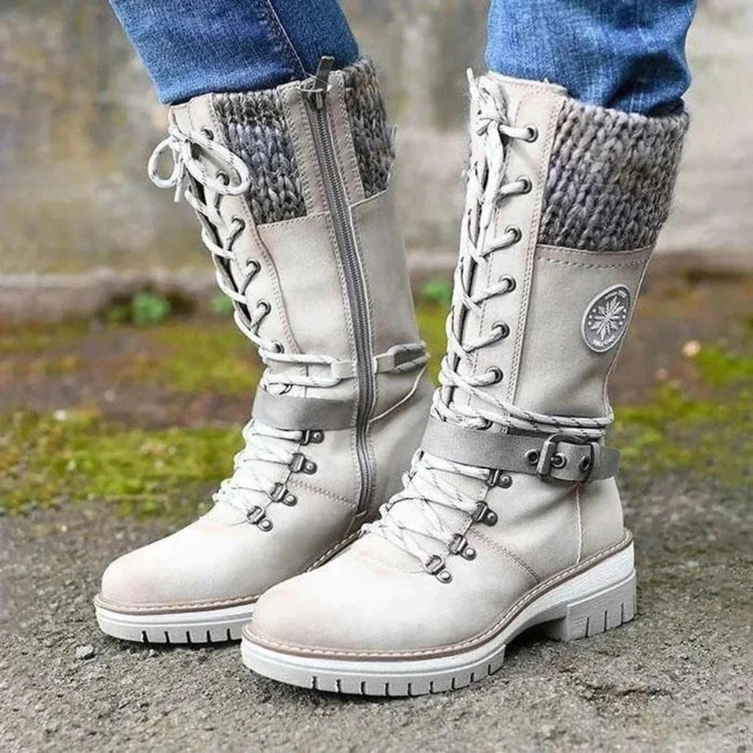 Women’s Knee-High Boots – Lace-Up Front – Wool Cuff