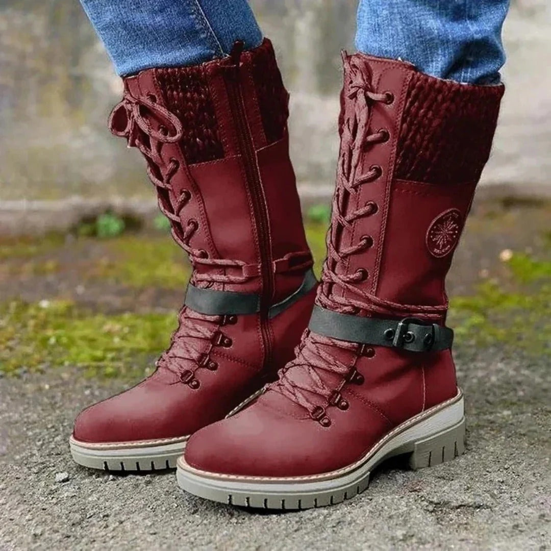 Women’s Knee-High Boots – Lace-Up Front – Wool Cuff