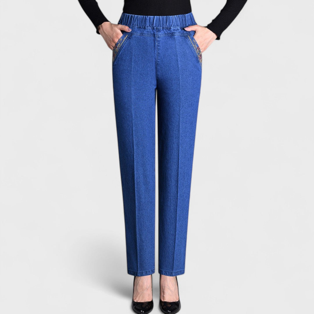 Women's Stretch Jeans with Side Pockets and Elastic Waist