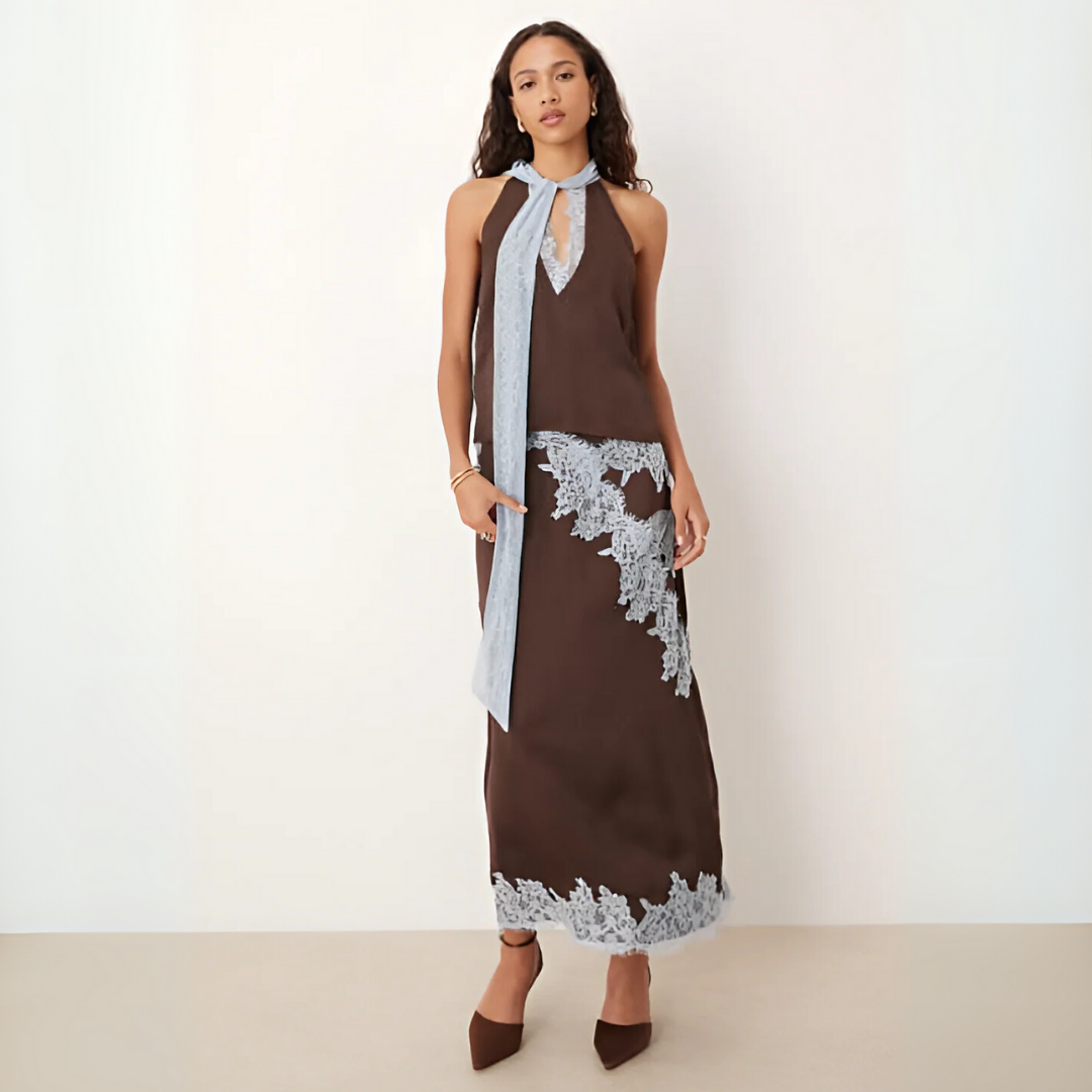Women's Elegant Lace Panel Top & Skirt Set