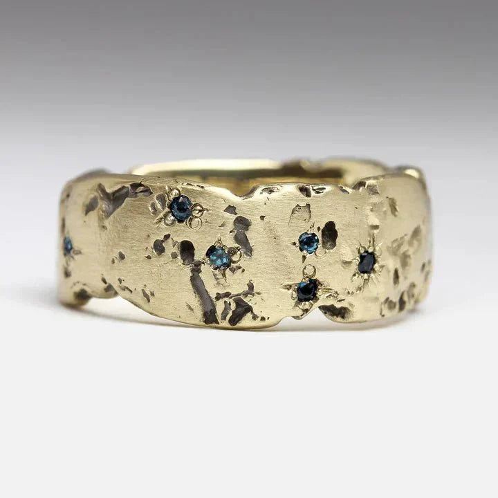 Women's Vintage Hammered Gold Ring with Blue Inlay Crystal