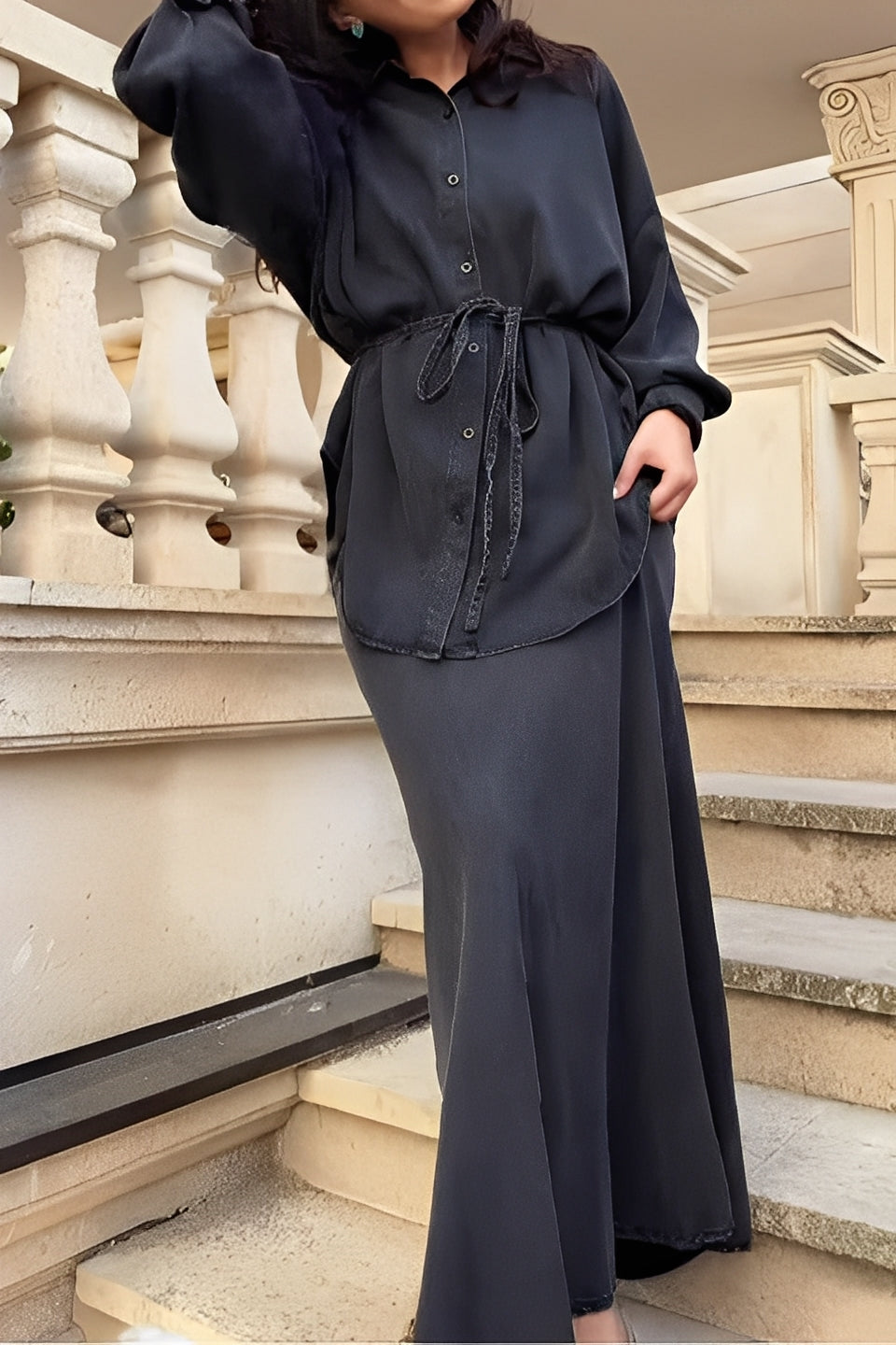 Women's Long-sleeved Tie-Drawstring Shirt and Skirt Set