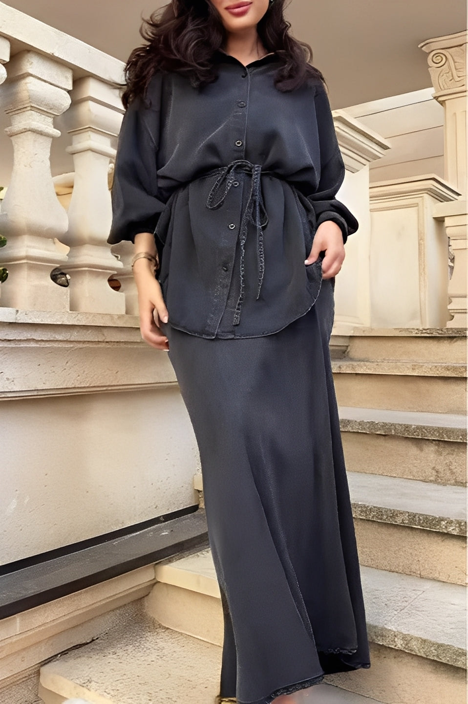 Women's Long-sleeved Tie-Drawstring Shirt and Skirt Set