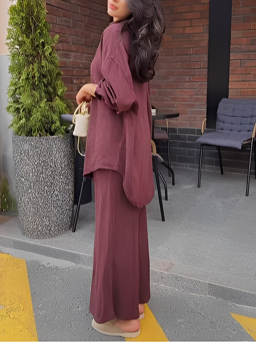 Women's Long-sleeved Tie-Drawstring Shirt and Skirt Set
