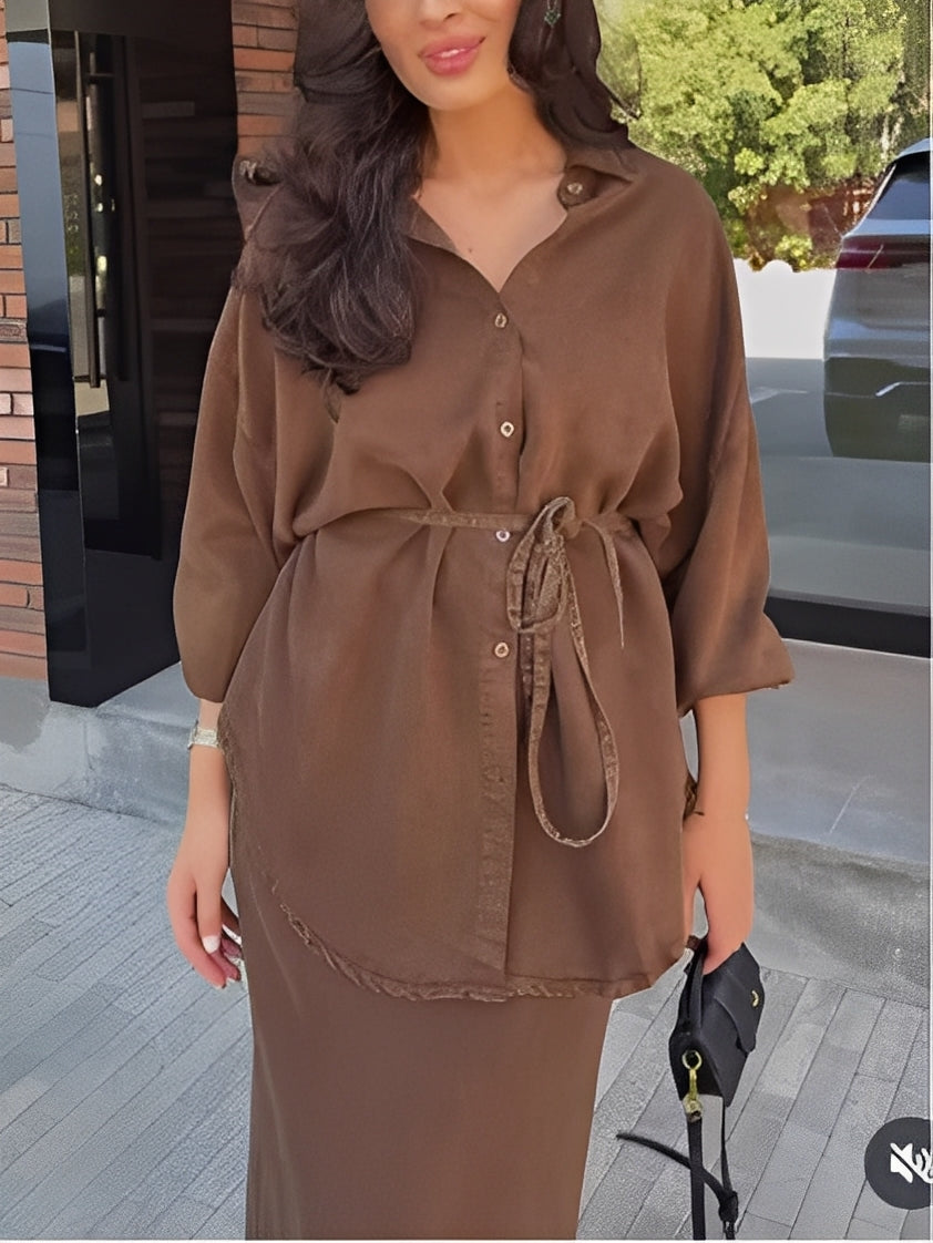 Women's Long-sleeved Tie-Drawstring Shirt and Skirt Set