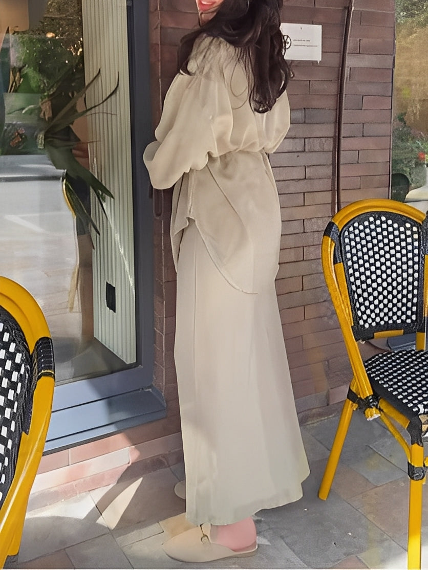 Women's Long-sleeved Tie-Drawstring Shirt and Skirt Set